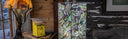 Abstract art piece on a textured wall with rustic decor elements.