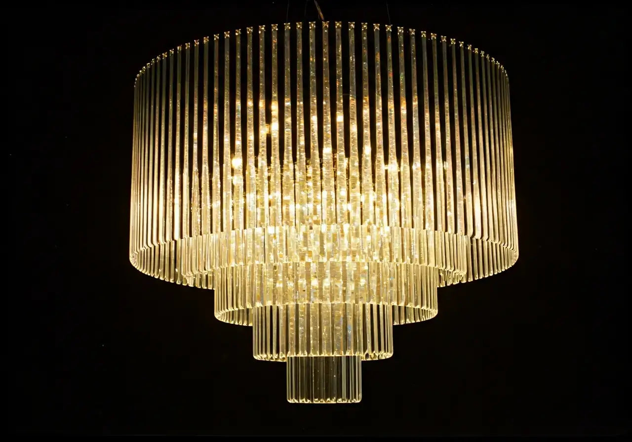 A luxurious crystal chandelier illuminating a sleek, modern living room. 35mm stock photo