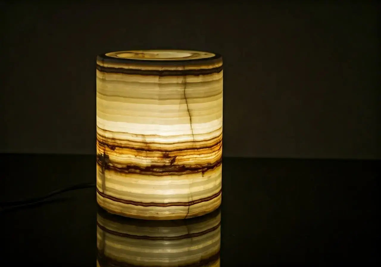 A glowing onyx lamp illuminating a modern living room. 35mm stock photo