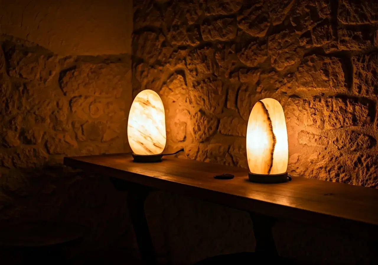 A cozy room with soft light from natural stone lamps. 35mm stock photo
