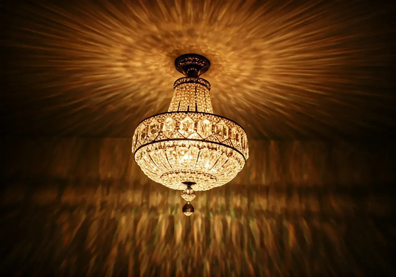 Elegant crystal chandelier casting colorful reflections in a cozy room. 35mm stock photo