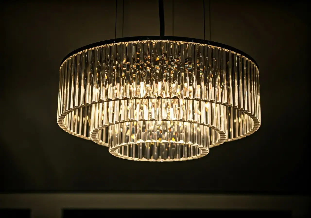 Elegant crystal chandelier illuminating a modern, stylish living room. 35mm stock photo