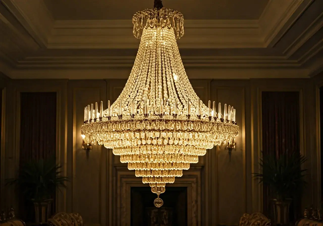A lavish chandelier illuminating an elegantly furnished living room. 35mm stock photo