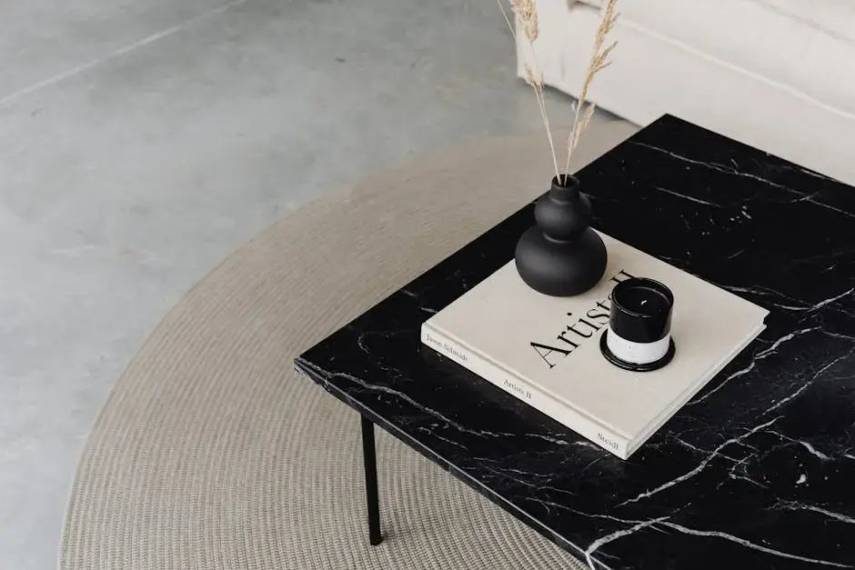 Elegant minimalist interior featuring a black marble coffee table with decor items.