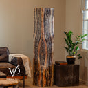 Unlit Tangerine Onyx floor lamp showing natural orange, cream, brown, and charcoal vertical banding