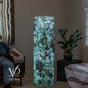 Illuminated 55-inch Fluorite floor lamp glowing with aqua green, turquoise, violet, and purple crystal formations