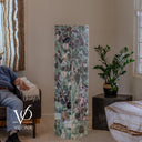 Natural Fluorite floor lamp with polished square sides and dramatic green and purple crystal formations