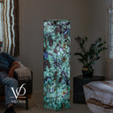 Vilona Fluorite floor lamp illuminated in a luxury interior, measuring 55 inches tall by 11.75 inches square
