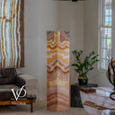 Unlit Miami Sunset Onyx floor lamp showing natural caramel, cream, rust, burgundy, brown, and gray mineral banding