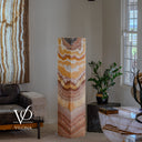 Handcrafted 59-inch Miami Sunset Onyx tower shown unlit with symmetrical natural stone formations