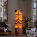 Vilona Onyx Miami Sunset tower illuminated from within, measuring 59 inches tall by 12 inches square