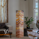 Unlit Miami Sunset Onyx floor lamp showing natural caramel, cream, rust, burgundy, brown, and gray mineral banding