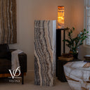 Unlit Tangerine Onyx rectangular floor lamp showing ivory, caramel, brown, charcoal, and soft orange banding