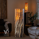 Handcrafted rectangular Tangerine Onyx tower glowing through ivory, honey, caramel, and deep brown mineral bands
