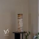 Unlit Sahara Onyx bedside lamp showing soft cream stone with contrasting dark brown bands
