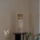 Natural Sahara Onyx table lamp with layered horizontal mineral banding and polished cylindrical form