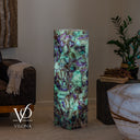 Fluorite crystal floor lamp #5 illuminated with contrasting green areas and dark purple formations
