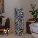 Handcrafted 39.5-inch fluorite floor lamp displayed without illumination to reveal its stone surface