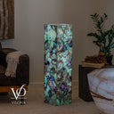 Vilona Onyx fluorite tower illuminated, measuring 39.5 inches tall with a 10-inch-square footprint