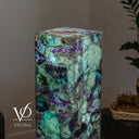 39.5-inch fluorite floor lamp lit from within to reveal translucent green stone and dark veining