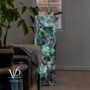 Handcrafted square fluorite tower glowing through mint green, aqua, and purple mineral patterns