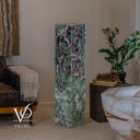 Unlit Fluorite floor lamp showing sage-green stone, deep purple formations, and fine white veining.