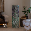 Angled view of the unlit square Fluorite lamp showing polished green and purple stone surfaces.