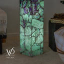 Vilona Onyx Fluorite floor lamp glowing from within, measuring 47.5 inches tall and 10 inches square.