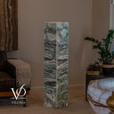 Unlit Fluorite floor lamp with a polished square corner, green crystalline patterns, and a white inline cord switch.