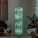 Full-height view of the illuminated 59-inch Fluorite floor lamp with seafoam-green stone and branching mineral lines.