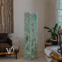 Unlit Fluorite tower with pale sage-green stone, a blue-violet accent near the top, and an 11.75-inch-square form.