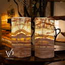 Divina Claire onyx table lamp pair illuminated with natural stone banding