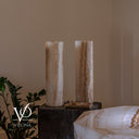 Unlit alternate view of the White Ice onyx lamp pair revealing polished ivory stone and layered natural lines.