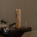 Unlit view of the same clouded reverse side showing the White Ice onyx lamp’s natural translucent color.