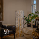 Unlit second face of the 51-inch Golden Cloud onyx floor lamp showing cream, sand, gray, and honey-colored layers.