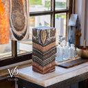 Unlit Tangerine Onyx table lamp showing natural charcoal, cream, rust, brown, and peach coloring