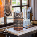 Front unlit view of a 16-inch square Tangerine Onyx natural stone table lamp