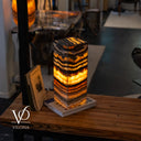 Illuminated 16-inch Tangerine Onyx lamp with a natural chevron pattern and glowing orange stone