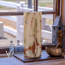 Bamboo Onyx table lamp Dark Edition #1 displayed unlit beside a rustic window