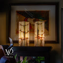 Illuminated Bamboo Onyx table lamp pair with creamy ivory, green and blush natural banding