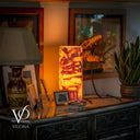 Decorative lamp on a wooden surface with a warm glow, surrounded by books and a plant.
