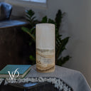 Unlit White Ice Onyx table lamp showing its natural white, ivory, and cream coloration