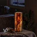 Small Tangerine Onyx accent lamp illuminated with a warm glow and dramatic natural banding