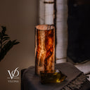 Handcrafted Tangerine Onyx bedside lamp lit from within to reveal fiery translucent mineral movement