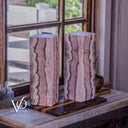 Natural Rosa Onyx table lamp pair handmade by Vilona family artisans and shown unlit