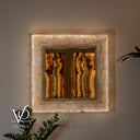 Illuminated square onyx mirror with a free-form live-edge opening and warm dimmable LED lighting
