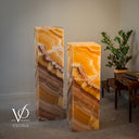 Natural Miami Sunset Onyx floor lamp pair handcrafted by Vilona family artisans and displayed without lighting