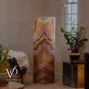 Unlit Miami Sunset Onyx floor lamp showing natural caramel, cream, rust, burgundy, and brown stone banding
