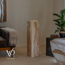 Unlit Aqua Onyx floor lamp showing natural cream, caramel, blush, brown, and subtle aqua mineral coloring