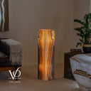 Vilona Onyx Aqua floor lamp illuminated from within, measuring 33.5 inches tall by 8 inches square